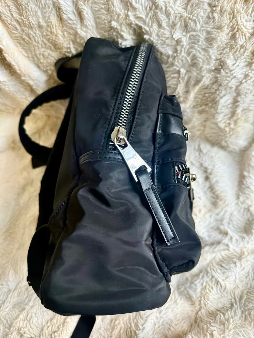 Adrienne Vittadini Black Nylon Mini Backpack with Silver-Tone Accents